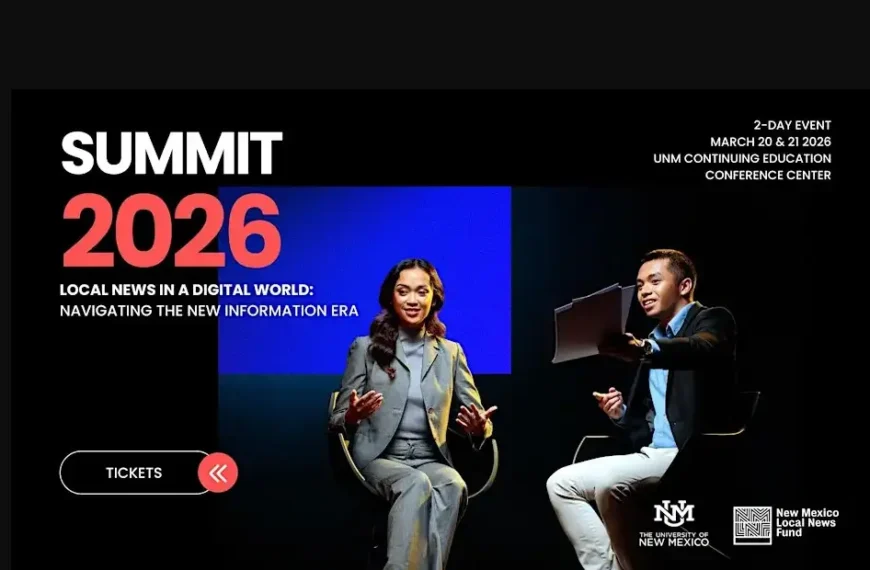 Two speakers sit onstage at a Summit event discussing local news in the digital era.